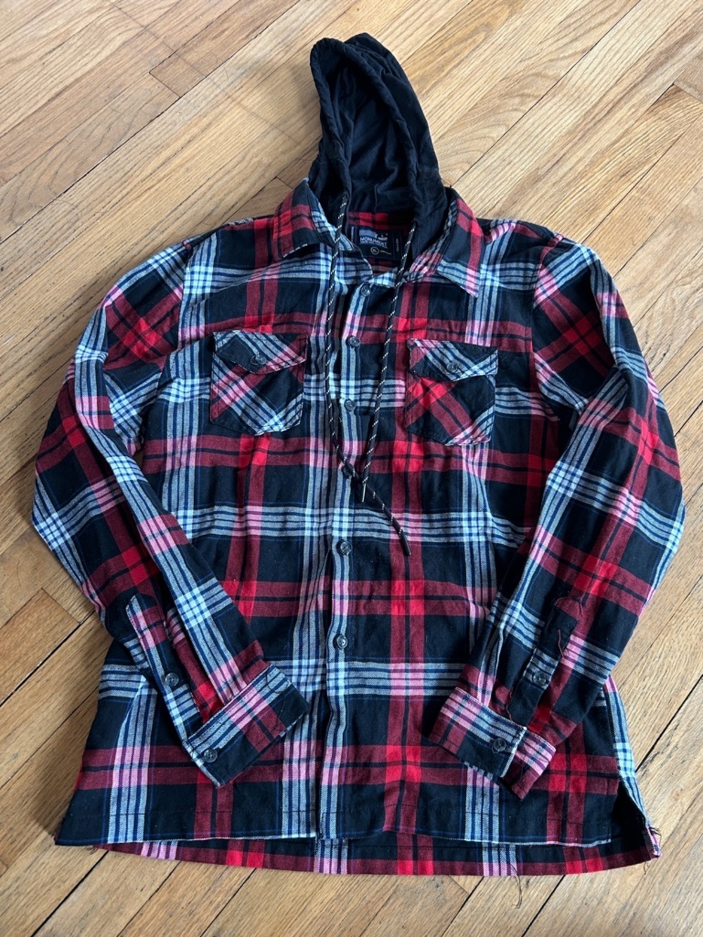 Monument Plaid Hooded Shirt Jacket - Red, Black